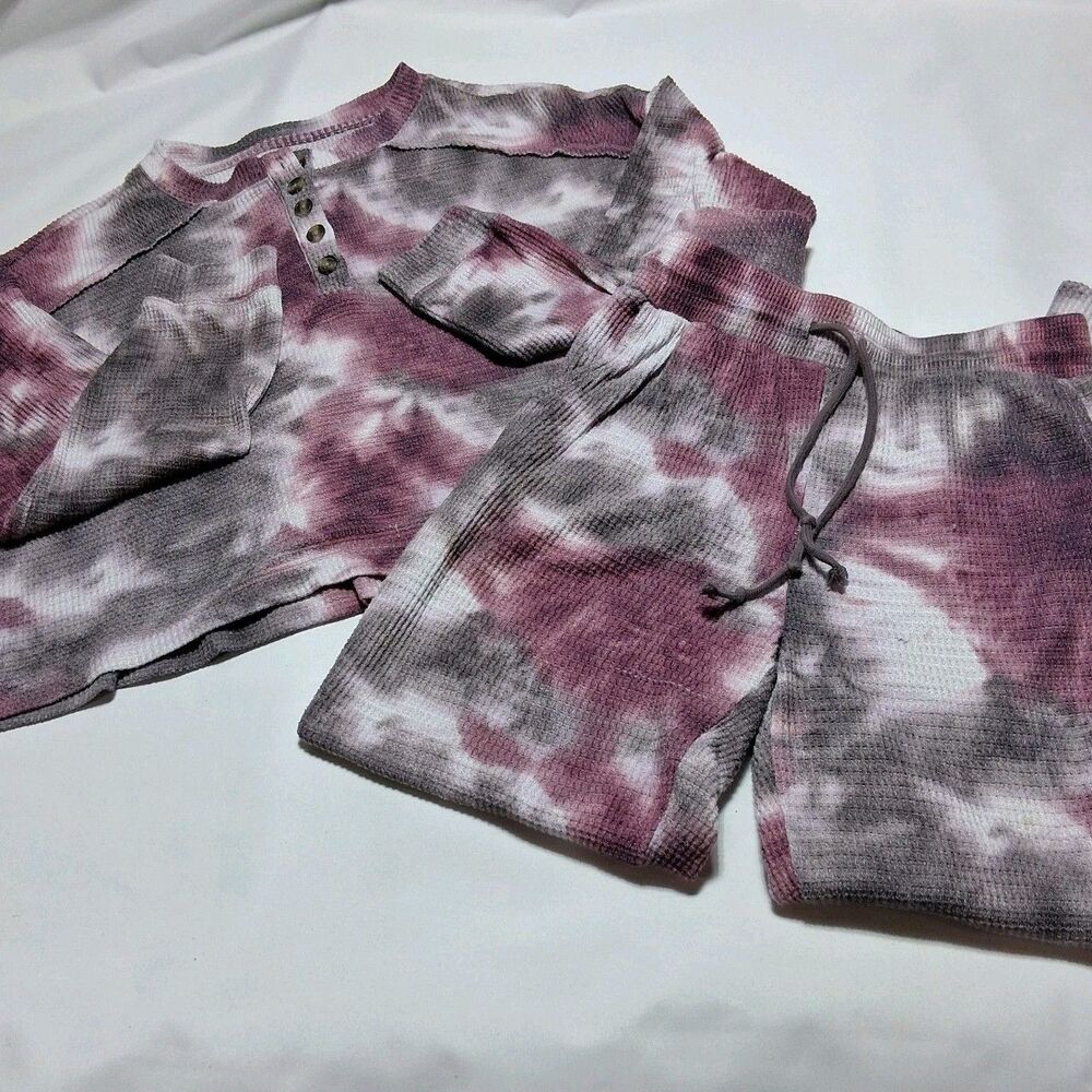SO Tie Dye Waffle Knit Thermal Henley Lounge Set Purple Gray Top M Bottoms S